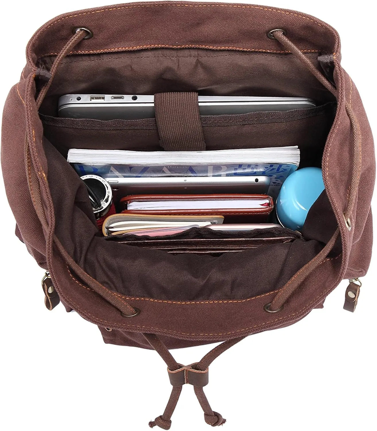 KAUKKO Vintage Casual Canvas and Leather Rucksack Backpack(FP702-1-COFFEE)