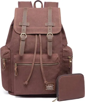 KAUKKO Vintage Casual Canvas and Leather Rucksack Backpack(FP702-1-COFFEE)