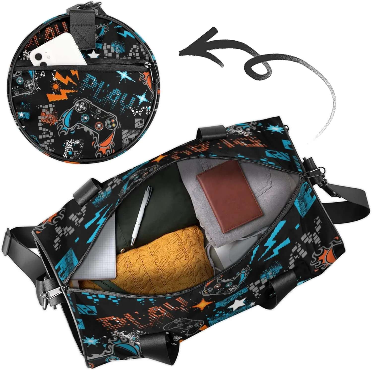 Kids Duffle Bag Boys Overnight Bag Game Theme Round Cylinder Carry-On Weekend Gym Bag with Adjustable Should Strap for Travel Sport Camping