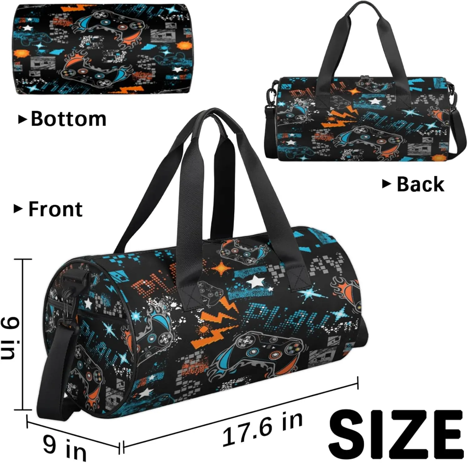 Kids Duffle Bag Boys Overnight Bag Game Theme Round Cylinder Carry-On Weekend Gym Bag with Adjustable Should Strap for Travel Sport Camping