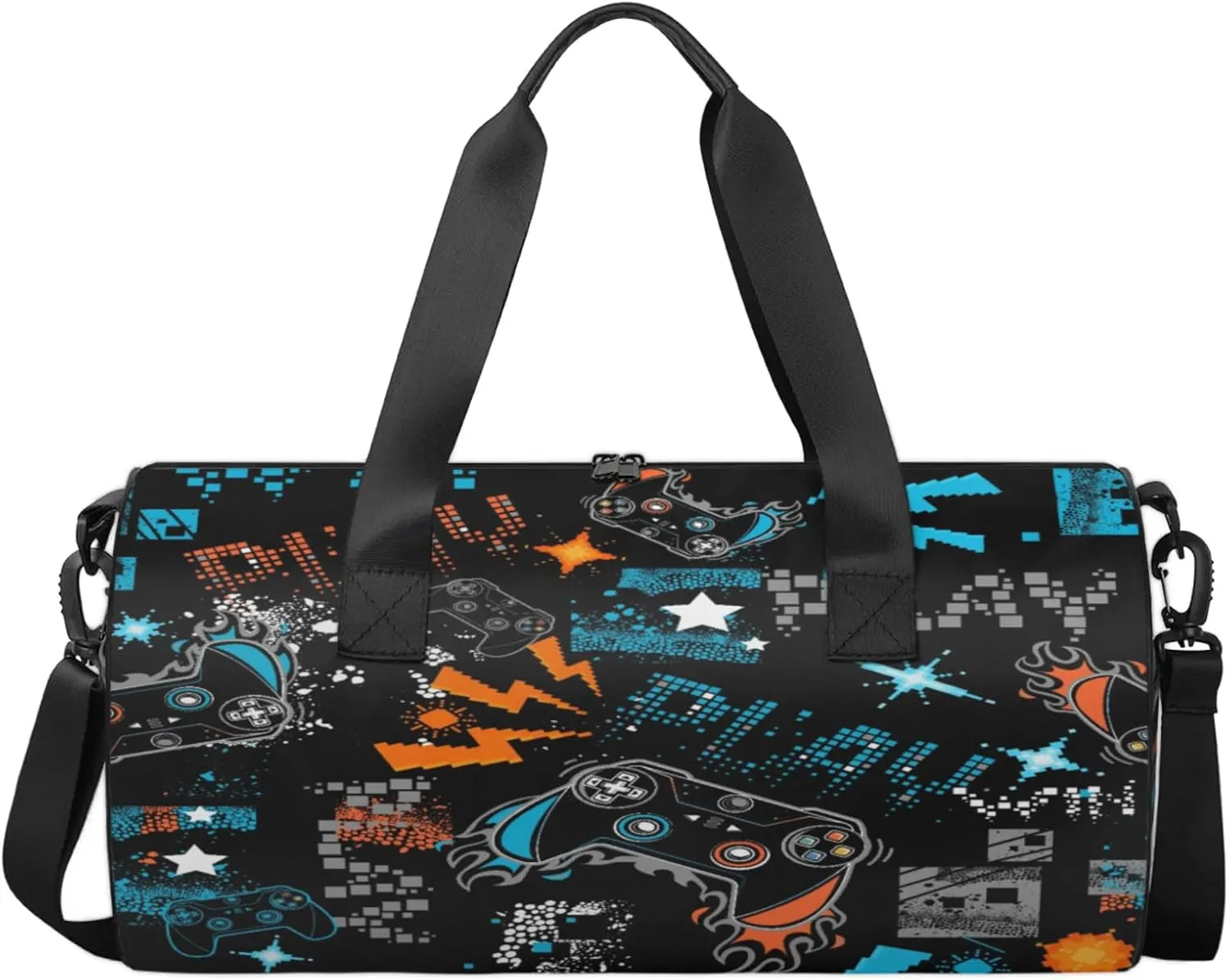 Kids Duffle Bag Boys Overnight Bag Game Theme Round Cylinder Carry-On Weekend Gym Bag with Adjustable Should Strap for Travel Sport Camping