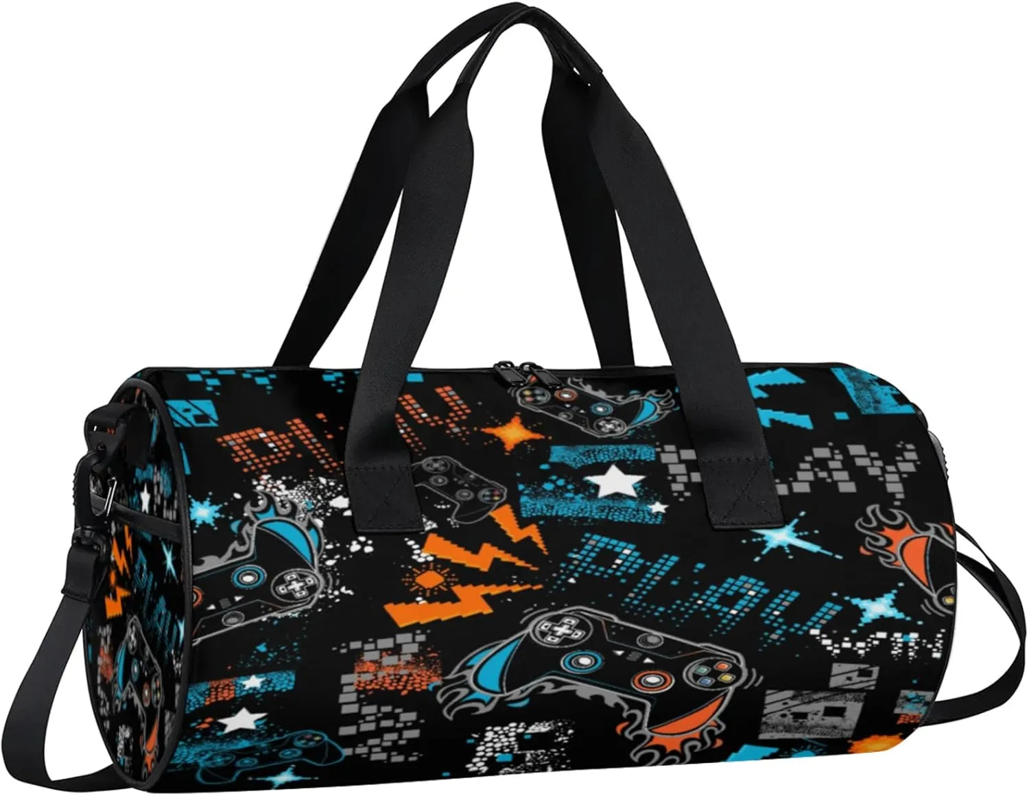 Kids Duffle Bag Boys Overnight Bag Game Theme Round Cylinder Carry-On Weekend Gym Bag with Adjustable Should Strap for Travel Sport Camping