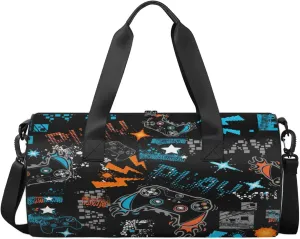 Kids Duffle Bag Boys Overnight Bag Game Theme Round Cylinder Carry-On Weekend Gym Bag with Adjustable Should Strap for Travel Sport Camping