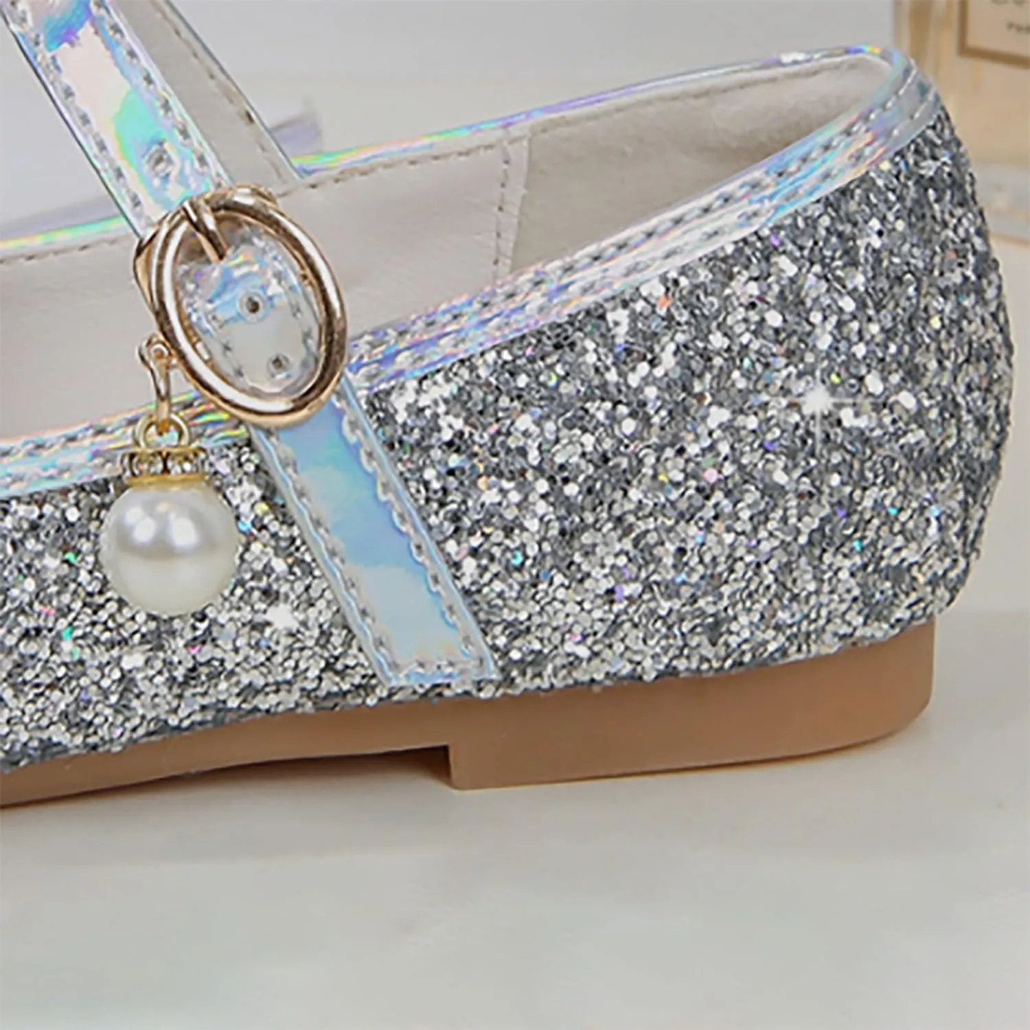 Kids Girl Shiny Sandals High Heels Glitter Flat Shoes Mary Jane Dress Shoes Sequin Shoe Bow Wedding Sandals
