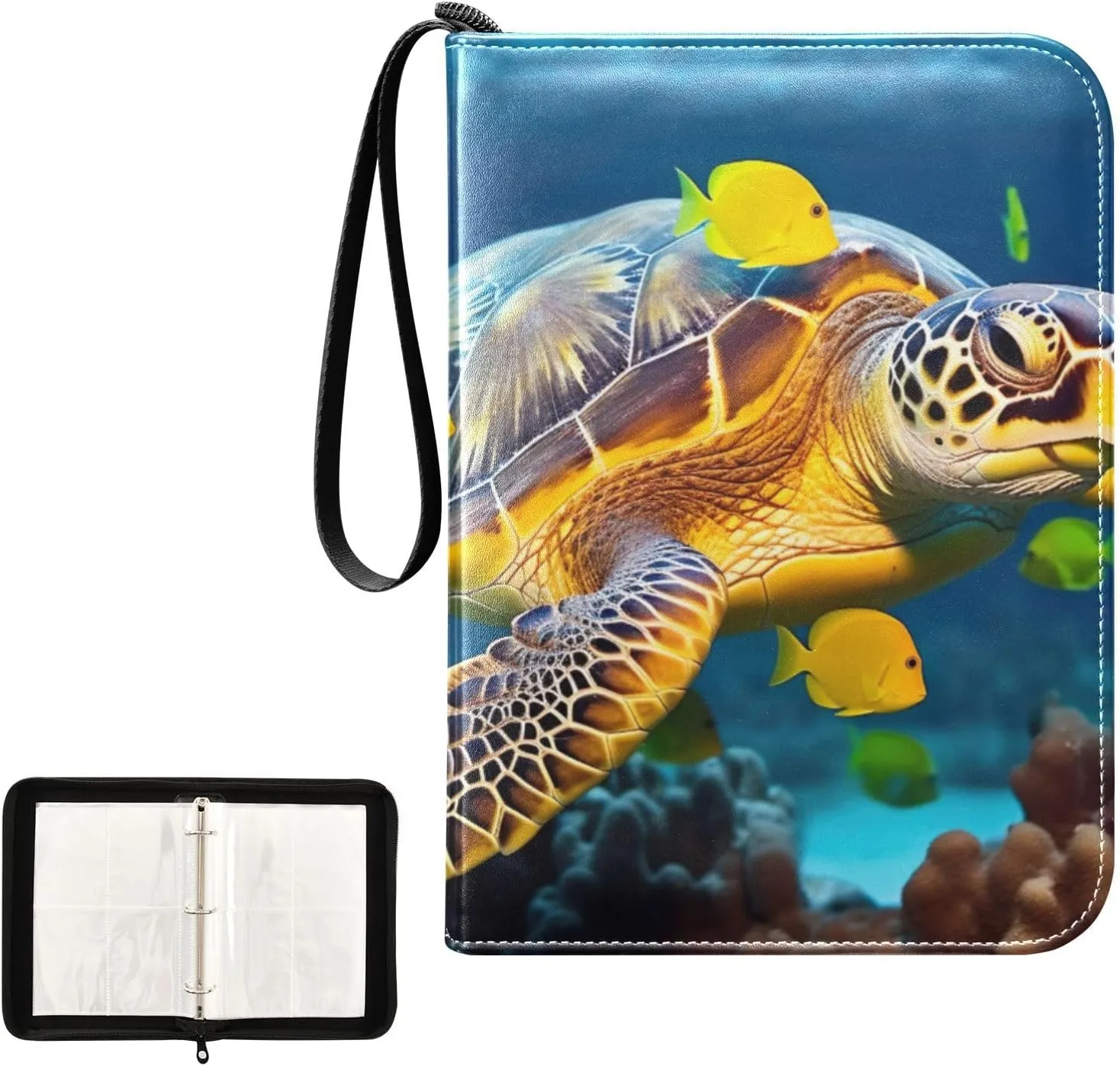 Kigai Sea Turtle Fishes Trading Card Binder, 4 Pockets Card Album with 400 Cards, Waterproof PU Zip Portable Card Holder for Sports Cards, Game Cards