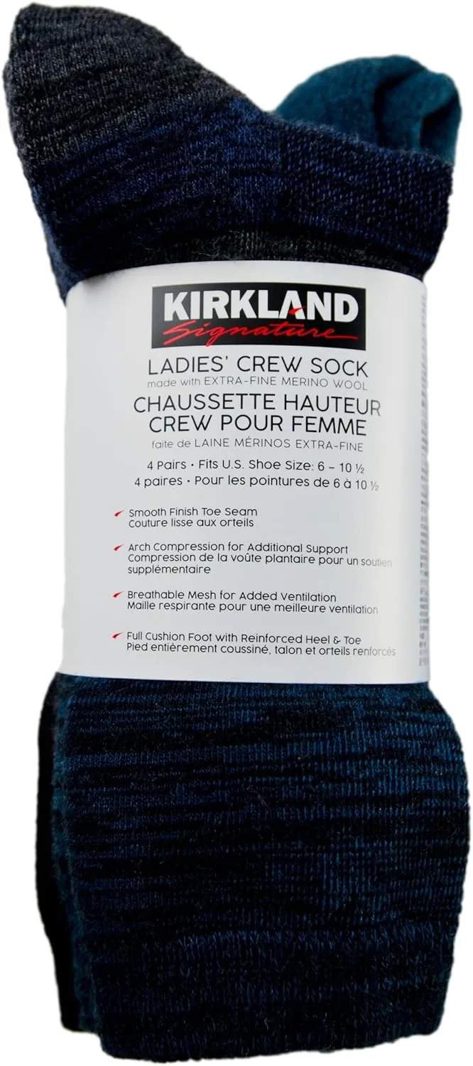 KIRKLAND Signature Ladies' Extra-Fine Merino Wool Crew Socks, Blue, 4 Pairs