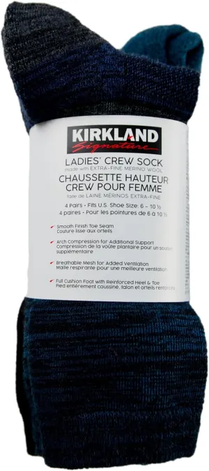 KIRKLAND Signature Ladies' Extra-Fine Merino Wool Crew Socks, Blue, 4 Pairs