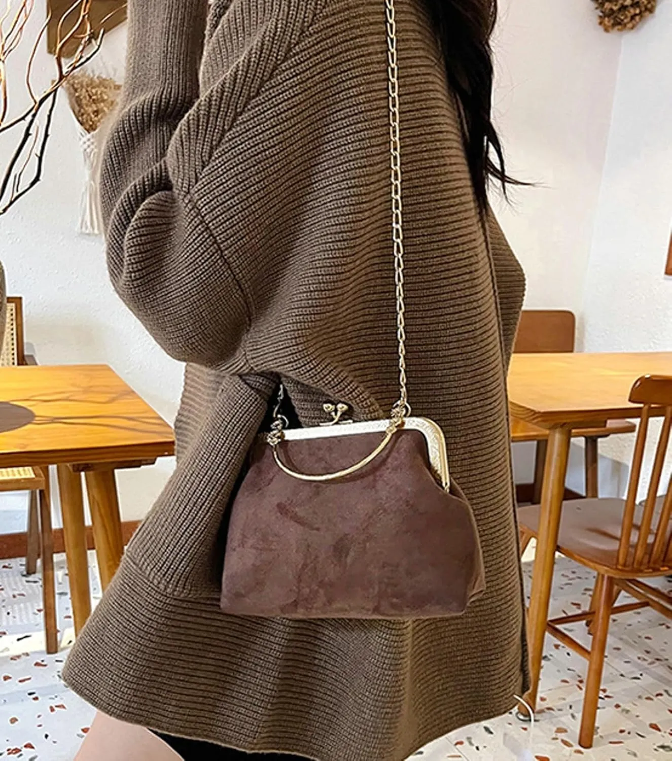 Kiss Lock Top Handle Handbag 2025 Trendy Evening Clutch Bag Women Retro Suede Purse Chain Crossbody Bag