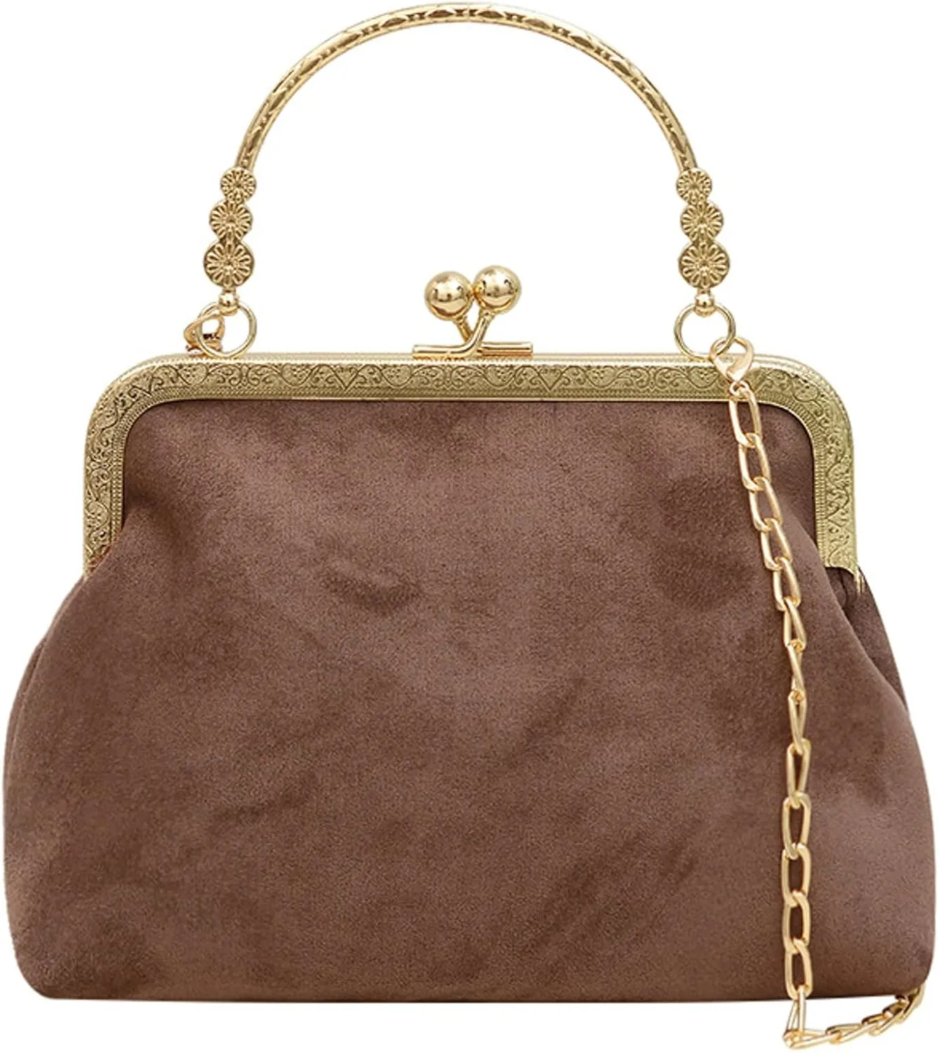 Kiss Lock Top Handle Handbag 2025 Trendy Evening Clutch Bag Women Retro Suede Purse Chain Crossbody Bag