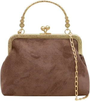 Kiss Lock Top Handle Handbag 2025 Trendy Evening Clutch Bag Women Retro Suede Purse Chain Crossbody Bag