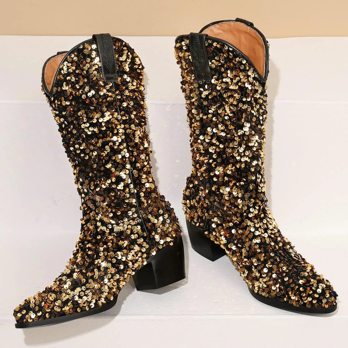 KISSASA Sequin Sparkly Mid Calf Cowboy Boots Glitter Wedding Chunky Heeled Cowgirl Boots
