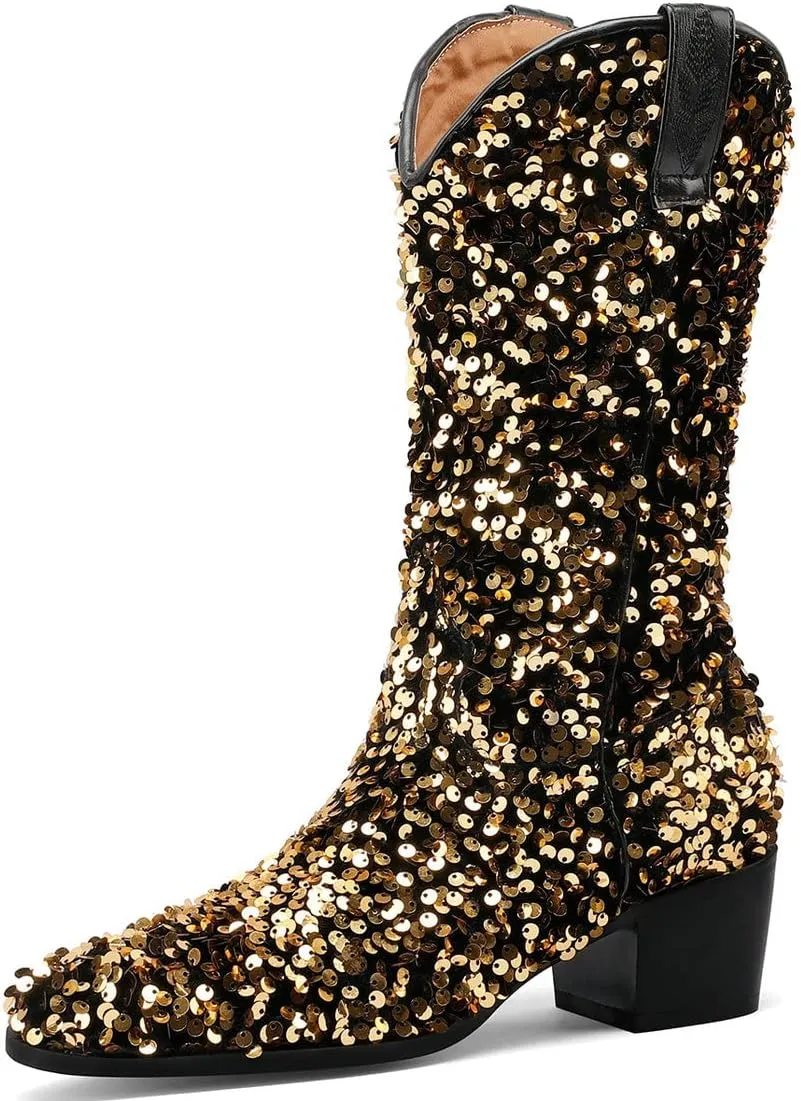 KISSASA Sequin Sparkly Mid Calf Cowboy Boots Glitter Wedding Chunky Heeled Cowgirl Boots
