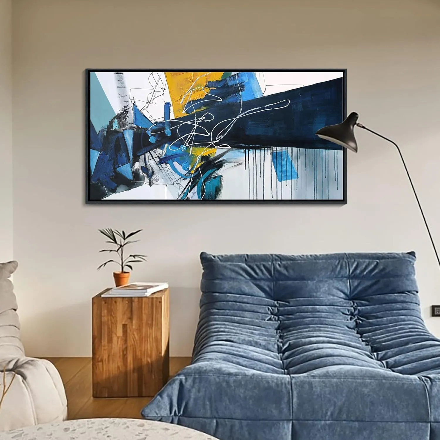 KLAKLA Large Abstract Canvas Wall Art for Living Room - Blue and white Framed Wall Decor Living Room Picture Artwork for Office Bedroom Decorative Paintings
