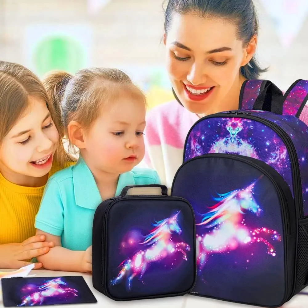 KLFVB 3PCS Kids Backpack for Girls, 16" Unicorn Bookbag and Lunch Box, Preschool Backpacks for Elementary Students