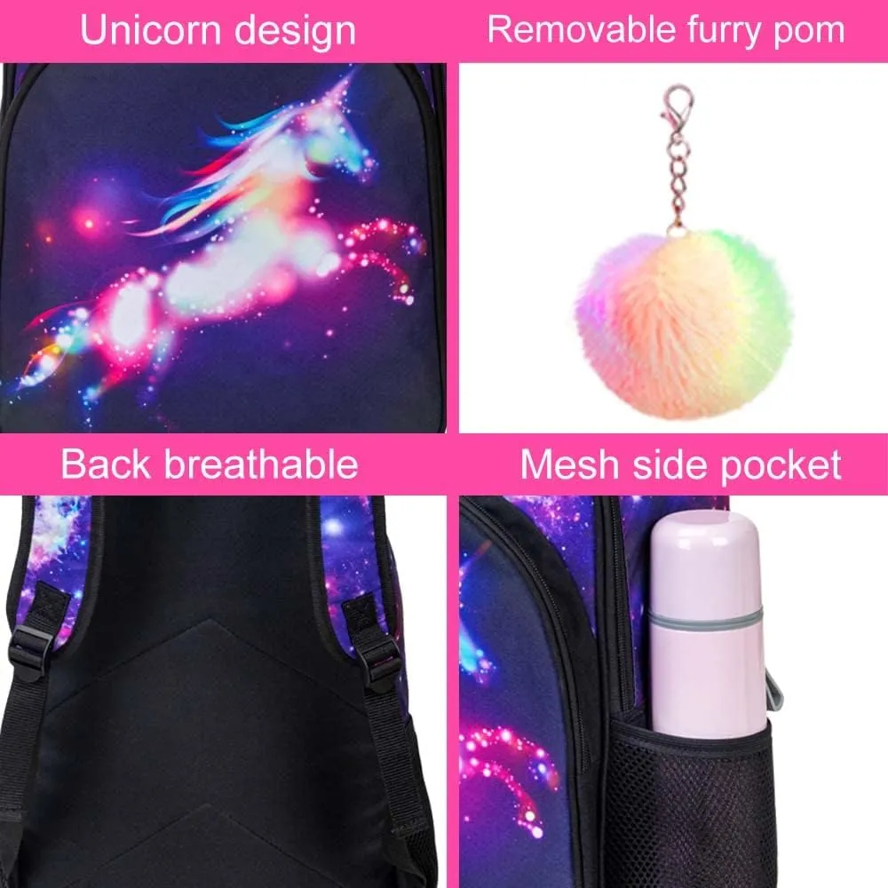 KLFVB 3PCS Kids Backpack for Girls, 16" Unicorn Bookbag and Lunch Box, Preschool Backpacks for Elementary Students