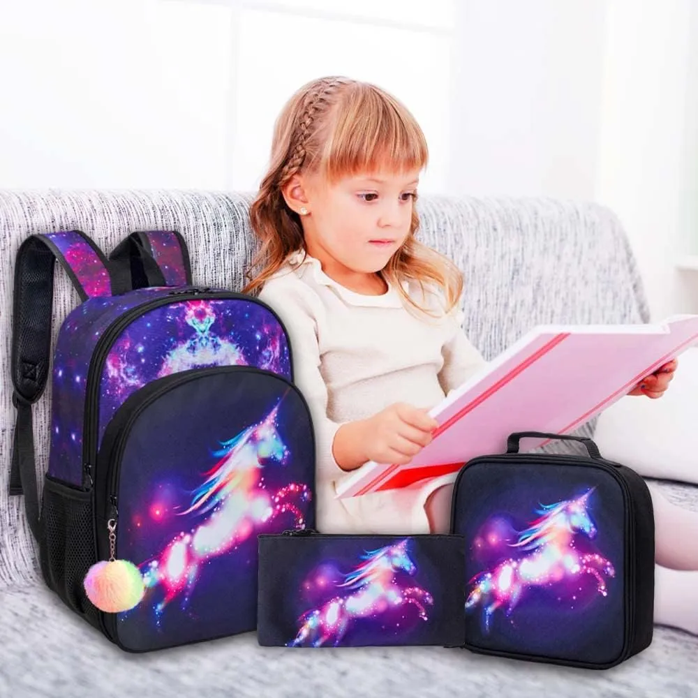 KLFVB 3PCS Kids Backpack for Girls, 16" Unicorn Bookbag and Lunch Box, Preschool Backpacks for Elementary Students