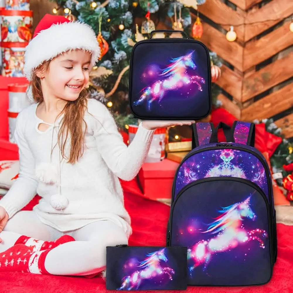 KLFVB 3PCS Kids Backpack for Girls, 16" Unicorn Bookbag and Lunch Box, Preschool Backpacks for Elementary Students