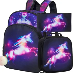 KLFVB 3PCS Kids Backpack for Girls, 16" Unicorn Bookbag and Lunch Box, Preschool Backpacks for Elementary Students