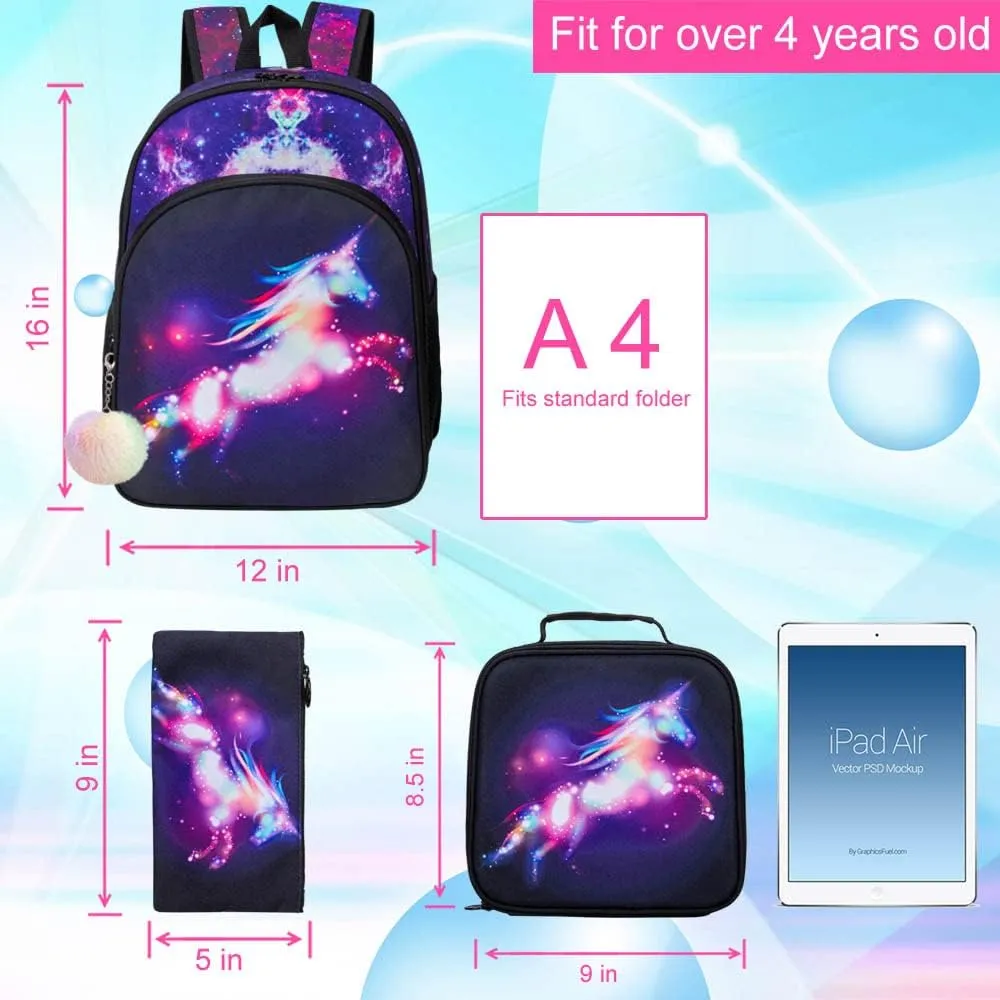KLFVB 3PCS Kids Backpack for Girls, 16" Unicorn Bookbag and Lunch Box, Preschool Backpacks for Elementary Students