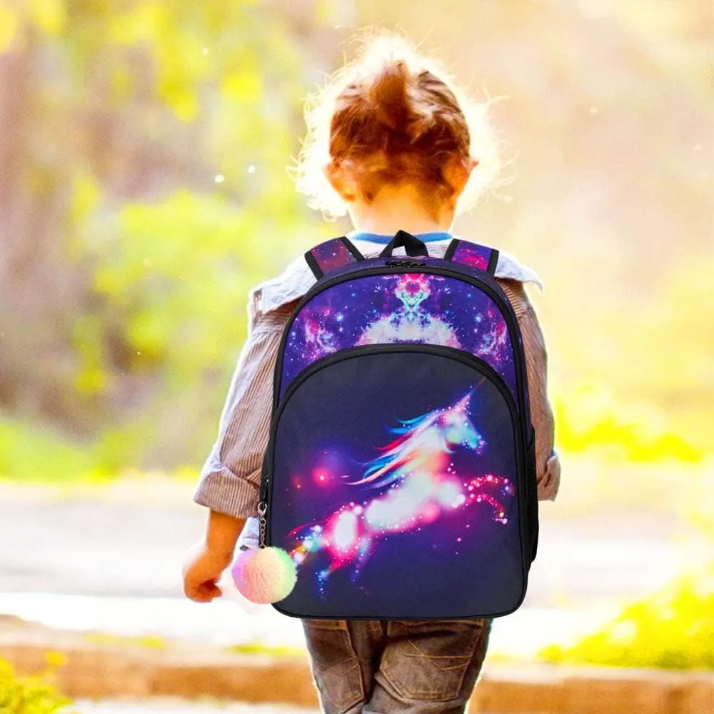 KLFVB 3PCS Kids Backpack for Girls, 16" Unicorn Bookbag and Lunch Box, Preschool Backpacks for Elementary Students