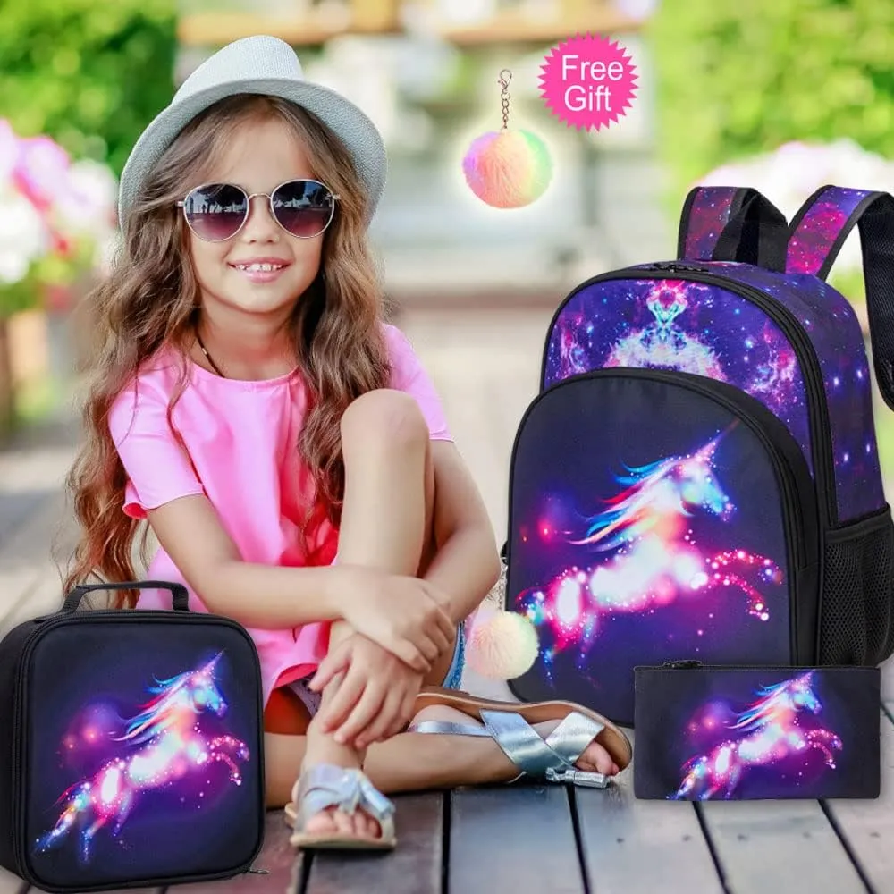 KLFVB 3PCS Kids Backpack for Girls, 16" Unicorn Bookbag and Lunch Box, Preschool Backpacks for Elementary Students