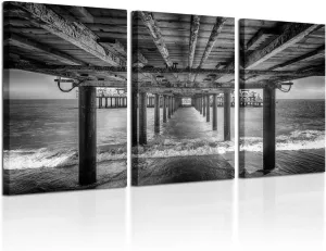 KREATIVE ARTS - UNDER THE PIER Premium Canvas Art Print Black and White Large Seascape Wall Art Deco Canvas Picture Stretched on Wooden Frame as Modern Gallery Artwork
