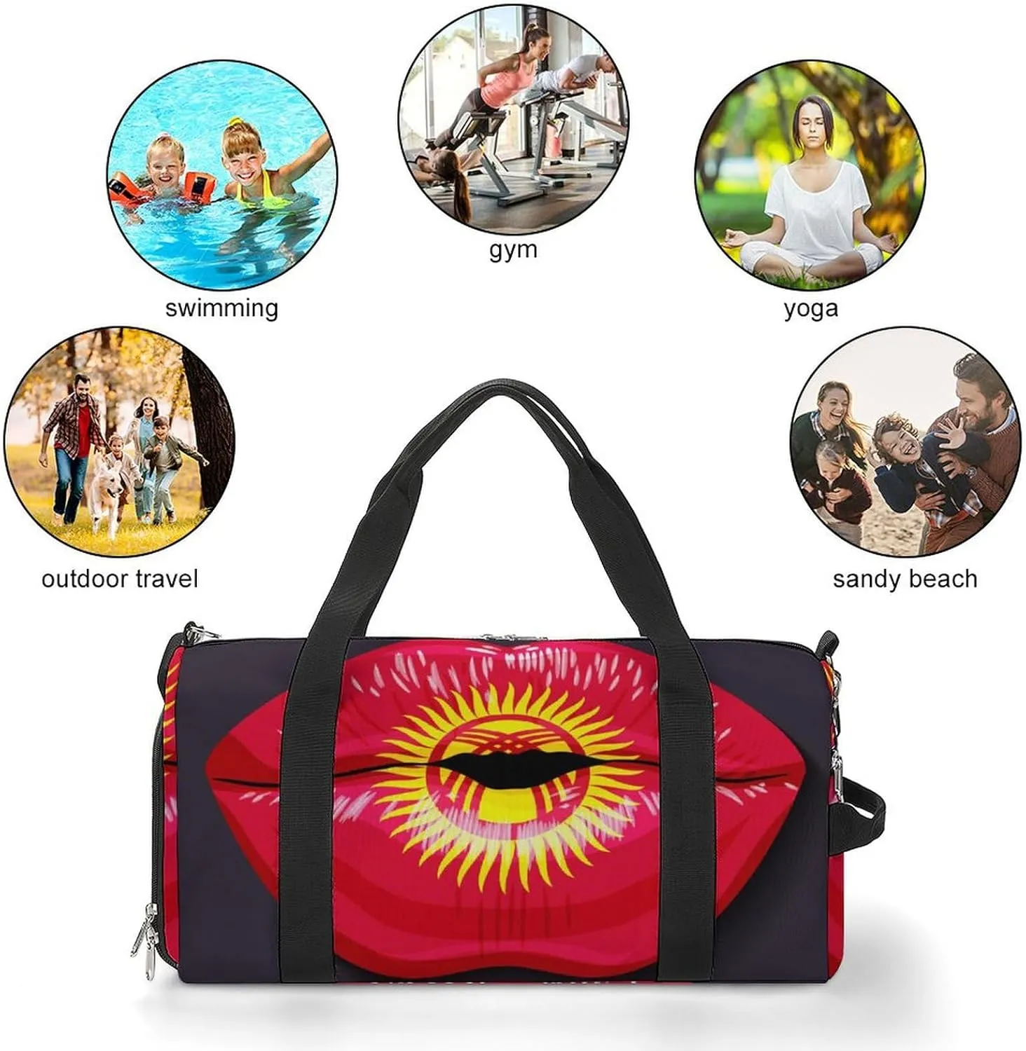 Kyrgyzstan Flag Lips Sports Duffel Bag with Waterproof Shoe Compartment for Gym and Travel