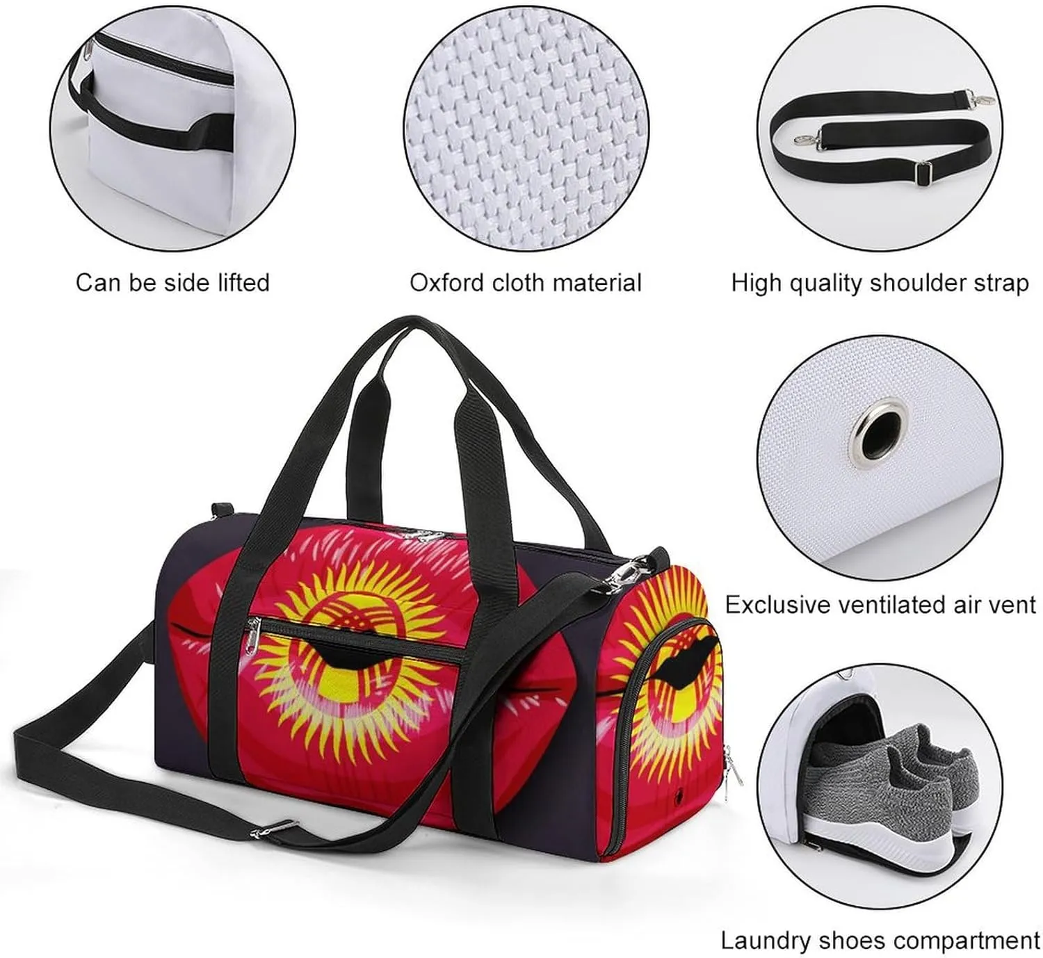 Kyrgyzstan Flag Lips Sports Duffel Bag with Waterproof Shoe Compartment for Gym and Travel