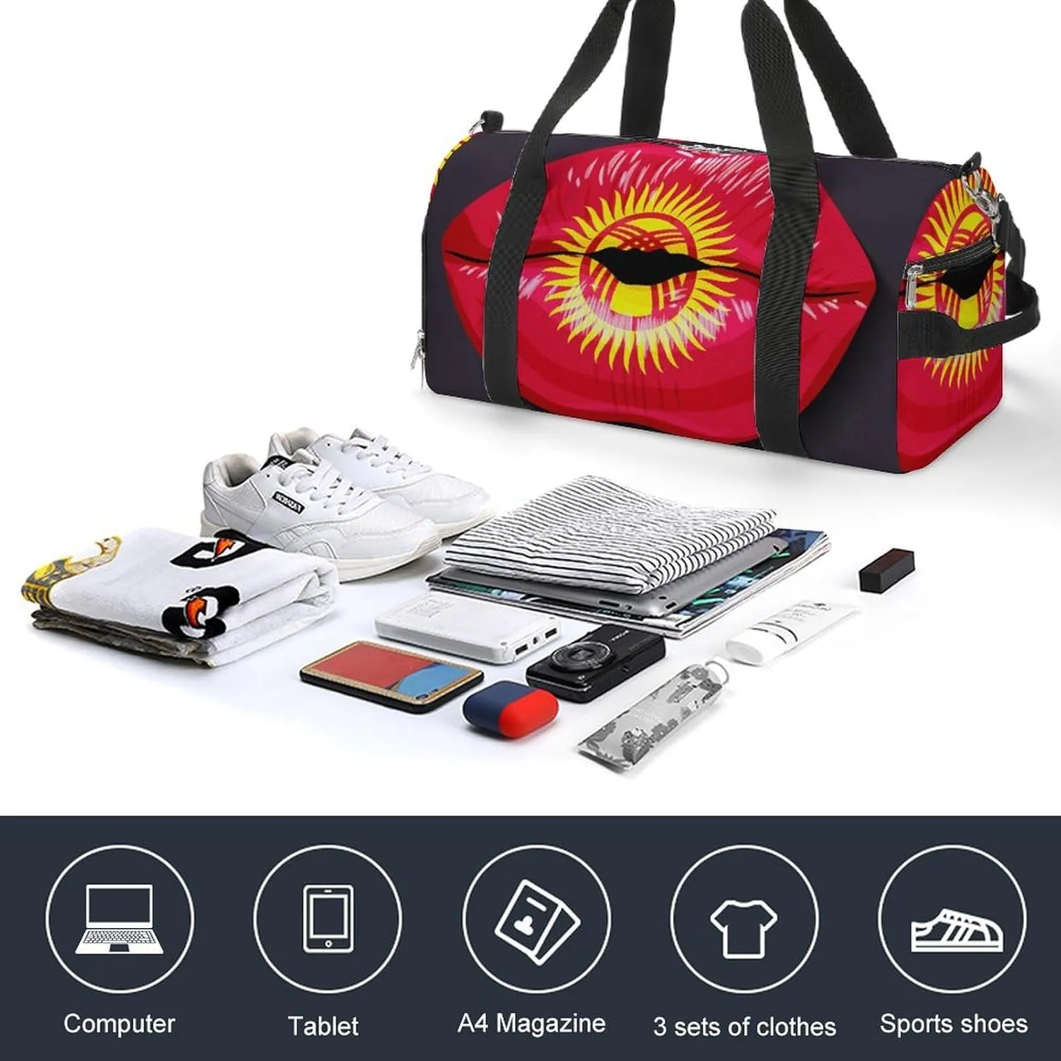 Kyrgyzstan Flag Lips Sports Duffel Bag with Waterproof Shoe Compartment for Gym and Travel