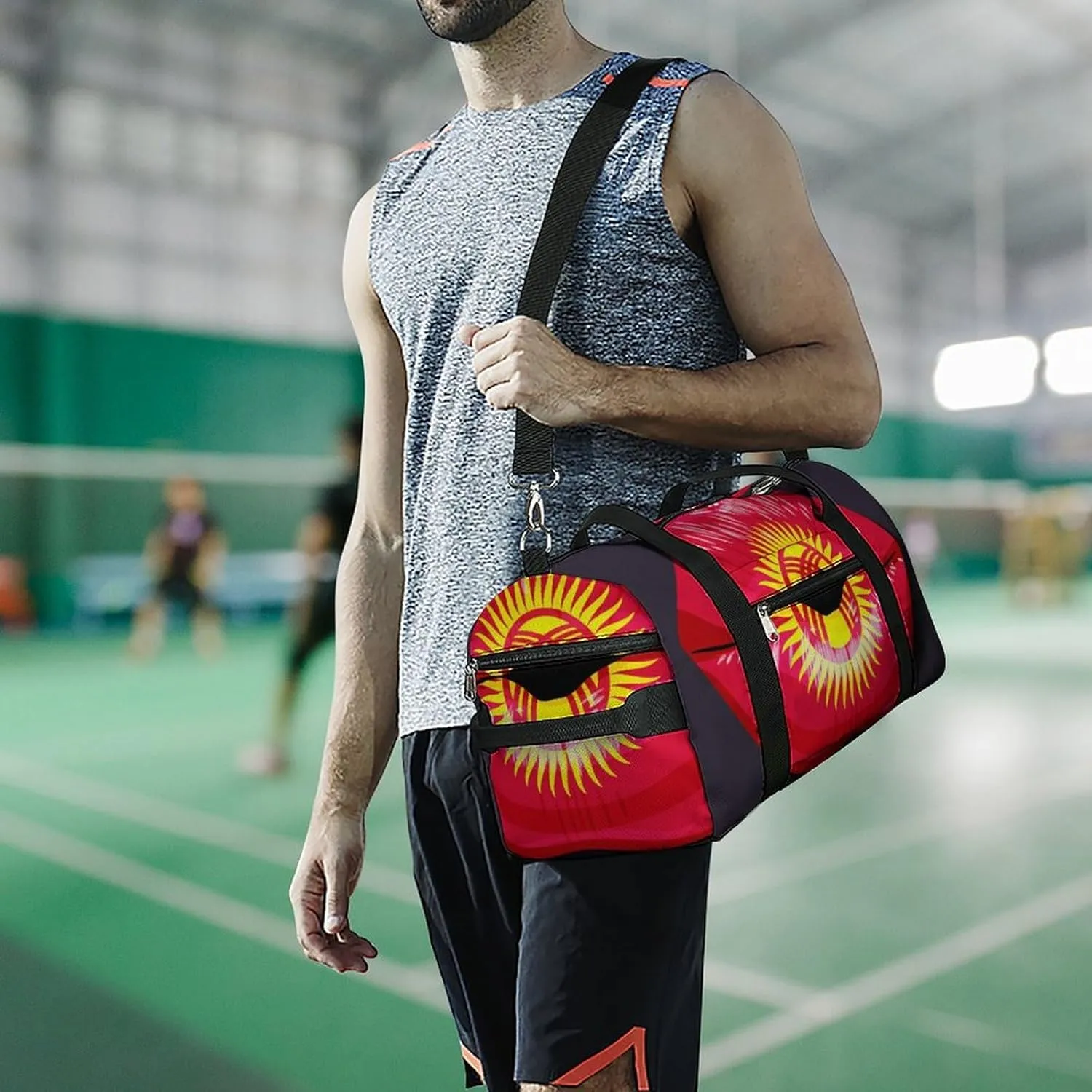 Kyrgyzstan Flag Lips Sports Duffel Bag with Waterproof Shoe Compartment for Gym and Travel