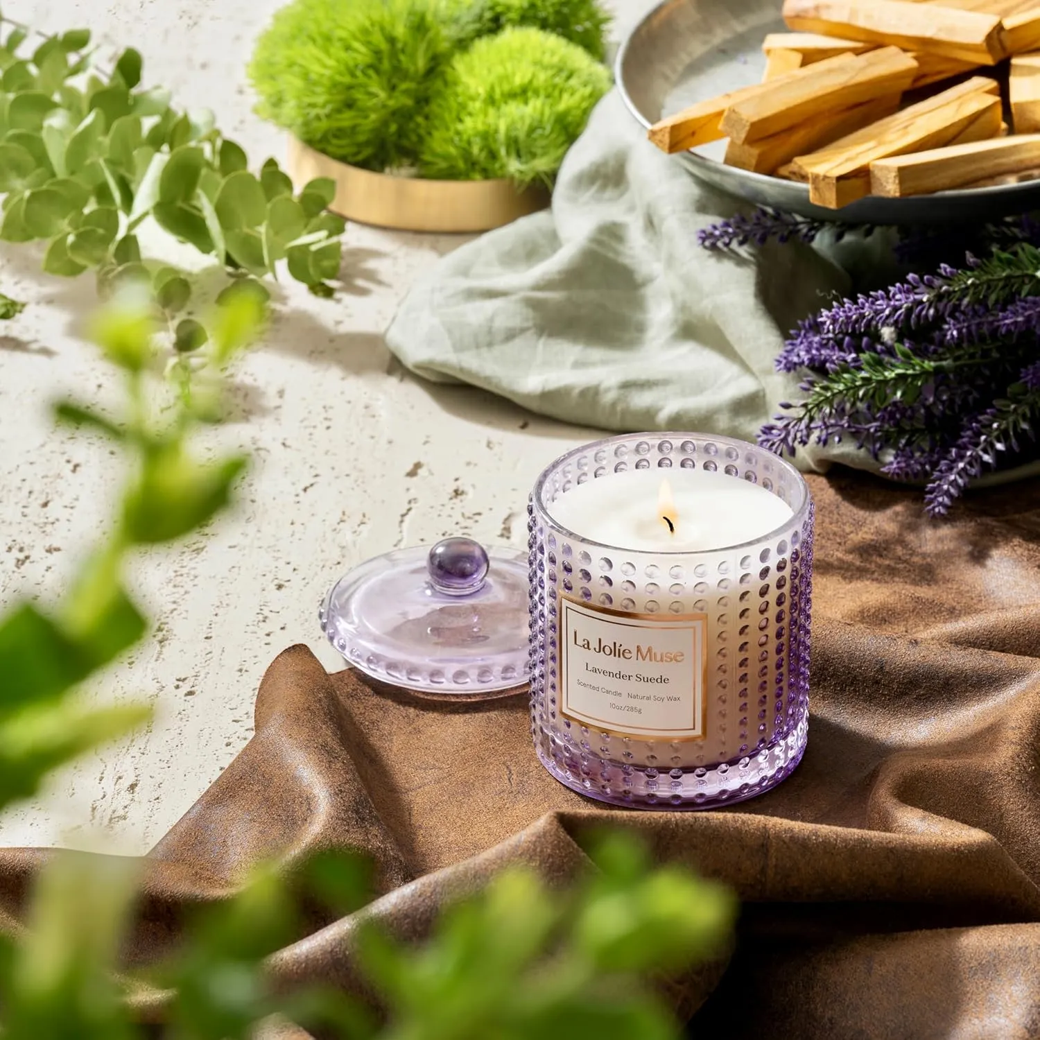 LA JOLIE MUSE Lavender Suede Candle, Lavender Scented Candles Gifts, Aromatherapy Candle, Candles for Home Scented, 75 Hours Long Burning, 10 oz