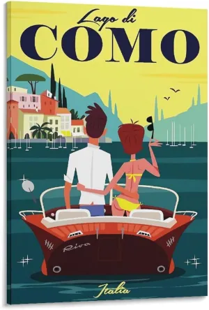 Lake Como Italy Speedboat Vintage Travel Poster Print Canvas Wall Art for Bedroom Living Room HD Print Posters 16x24inch(40x60cm)