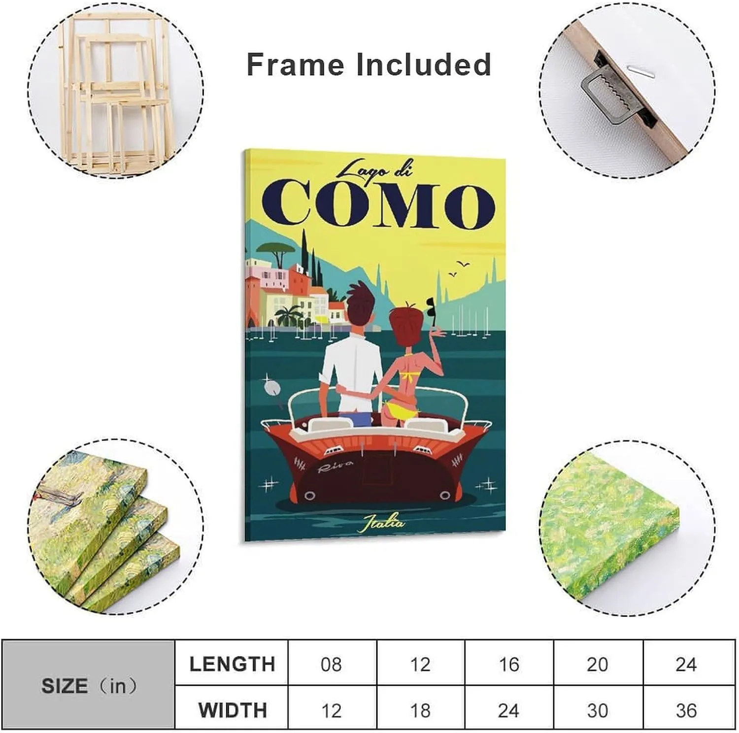 Lake Como Italy Speedboat Vintage Travel Poster Print Canvas Wall Art for Bedroom Living Room HD Print Posters 16x24inch(40x60cm)