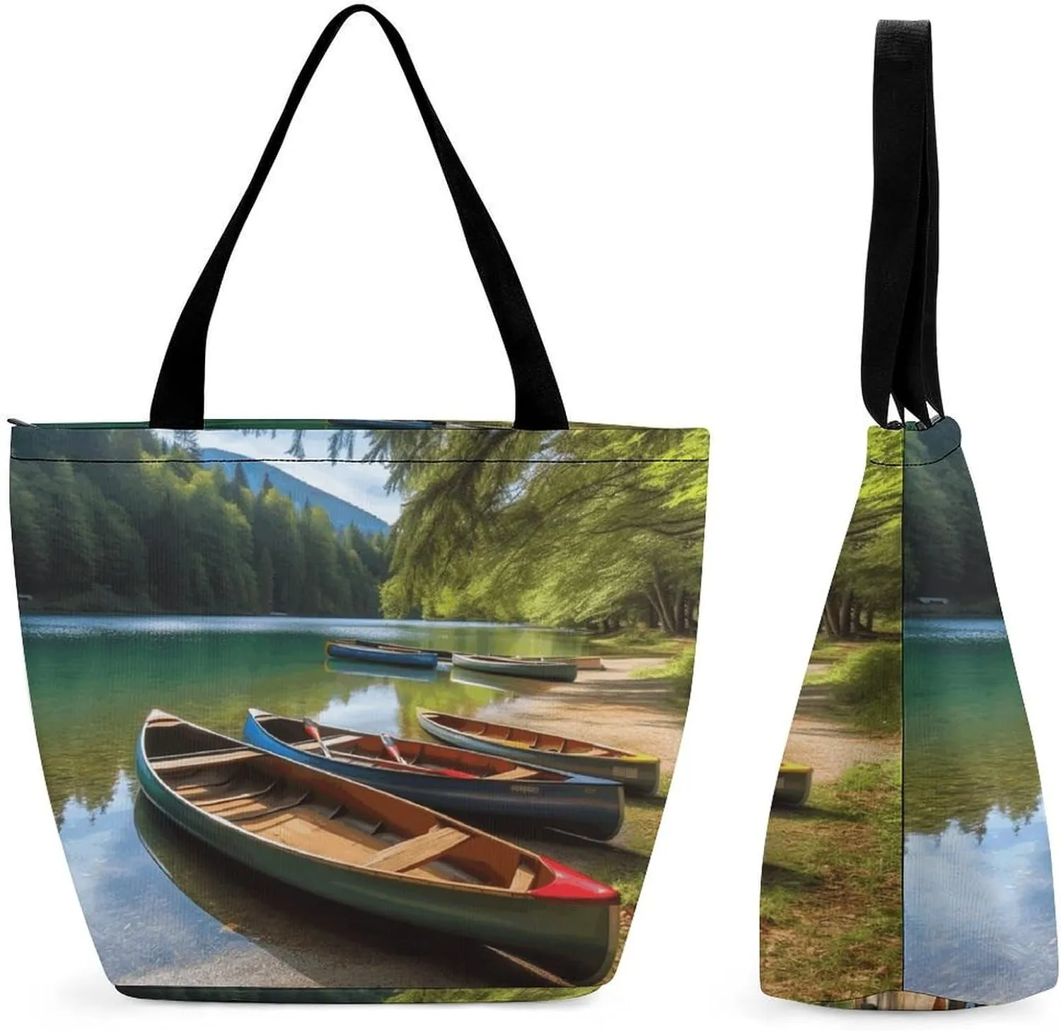 Lake with Boats Canoes Park Bag for Women Tote Bag with Zipper Handbag for Travel Work Grocery Bag Shopping Bag