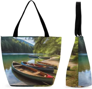 Lake with Boats Canoes Park Bag for Women Tote Bag with Zipper Handbag for Travel Work Grocery Bag Shopping Bag