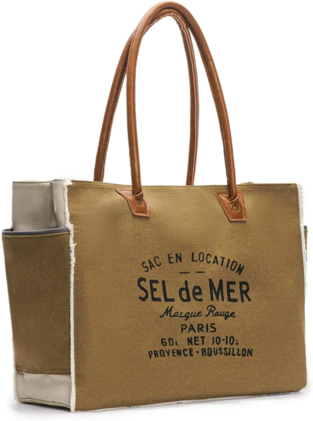 Lamyba Sel De Mer Canvas HandBag Upcycled Canvas Vegan Leather Tote Bag, Large Brown
