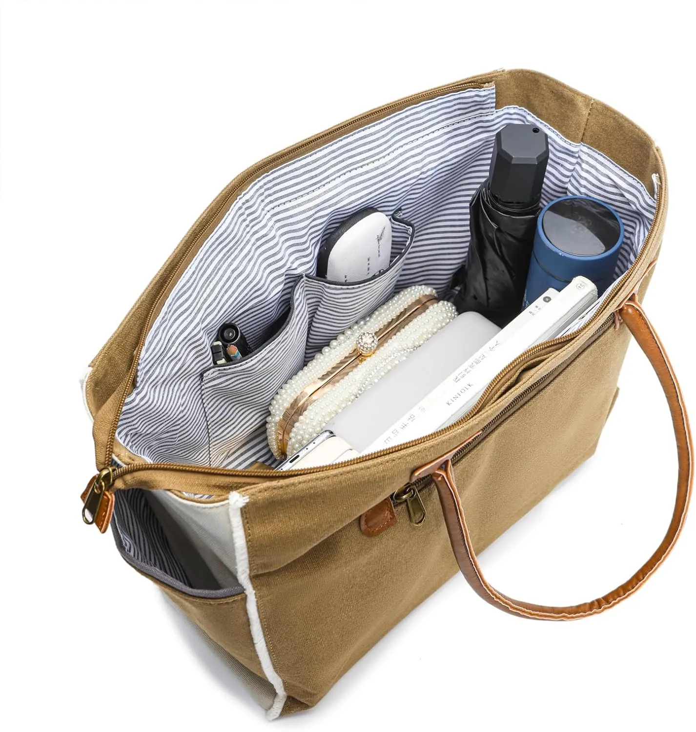 Lamyba Sel De Mer Canvas HandBag Upcycled Canvas Vegan Leather Tote Bag, Large Brown