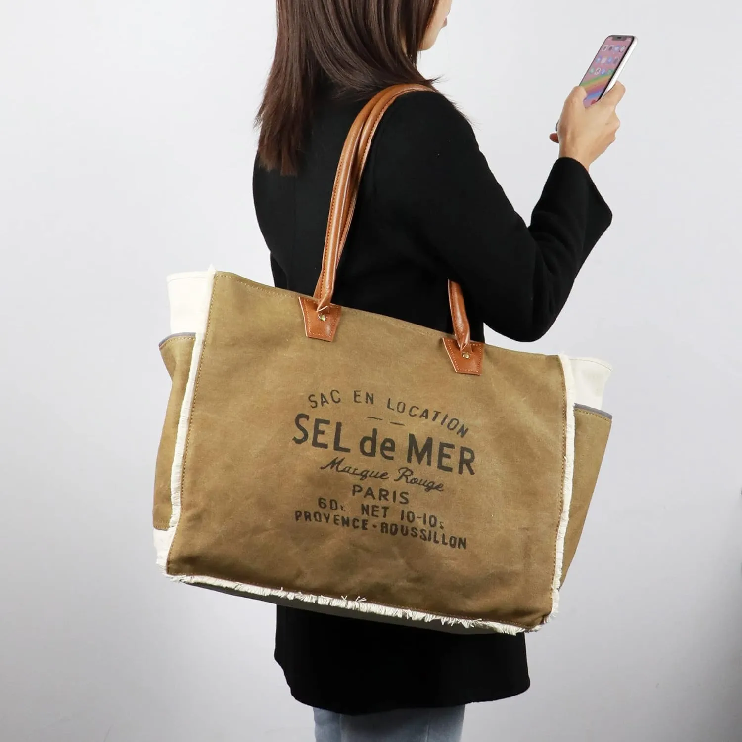 Lamyba Sel De Mer Canvas HandBag Upcycled Canvas Vegan Leather Tote Bag, Large Brown