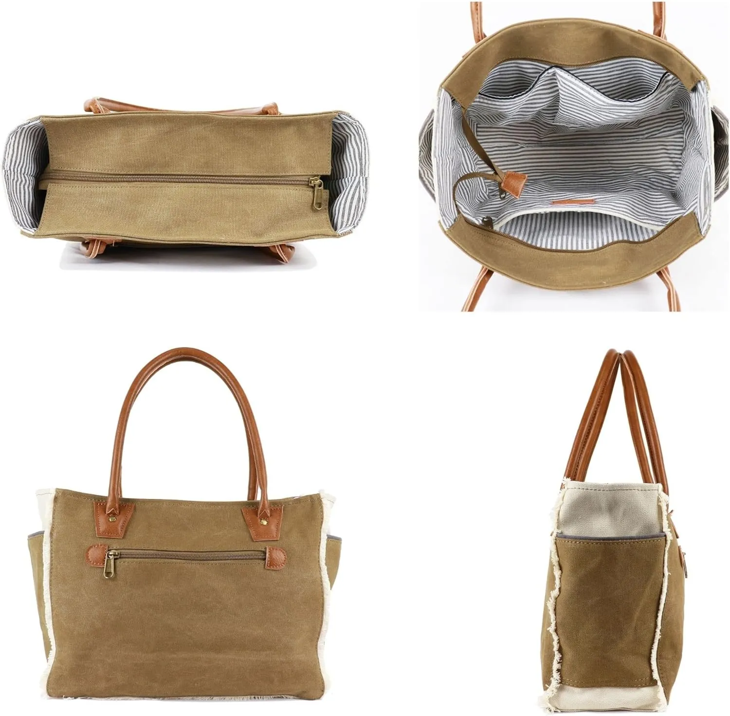 Lamyba Sel De Mer Canvas HandBag Upcycled Canvas Vegan Leather Tote Bag, Large Brown