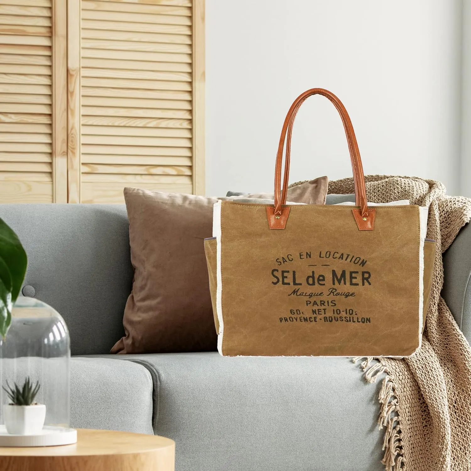 Lamyba Sel De Mer Canvas HandBag Upcycled Canvas Vegan Leather Tote Bag, Large Brown