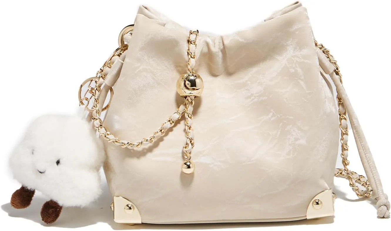 LAORENTOU Suede Designer Crossbody Bag for Women, Bucket Style Shoulder Bag for Ladies, Medium Size Purse with Chain Strap