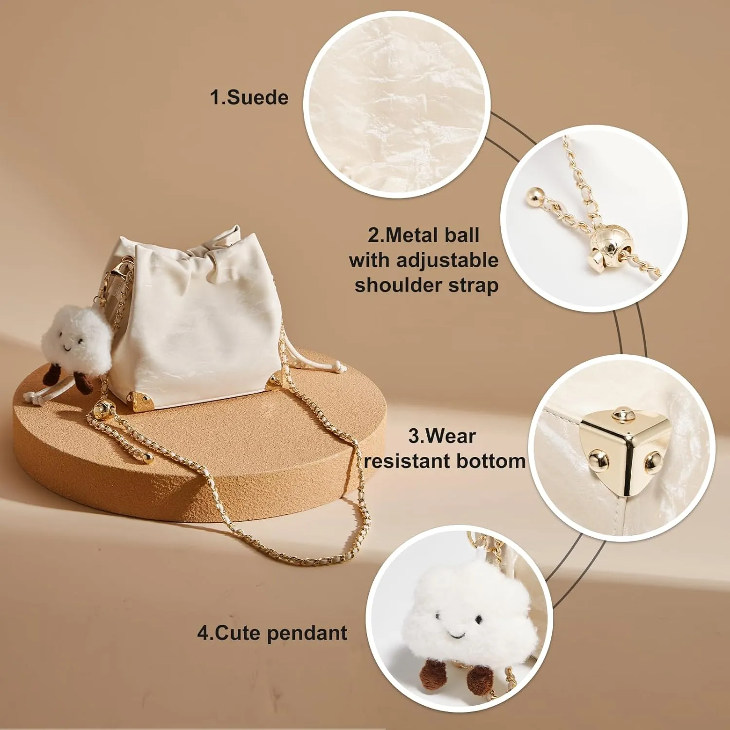 LAORENTOU Suede Designer Crossbody Bag for Women, Bucket Style Shoulder Bag for Ladies, Medium Size Purse with Chain Strap