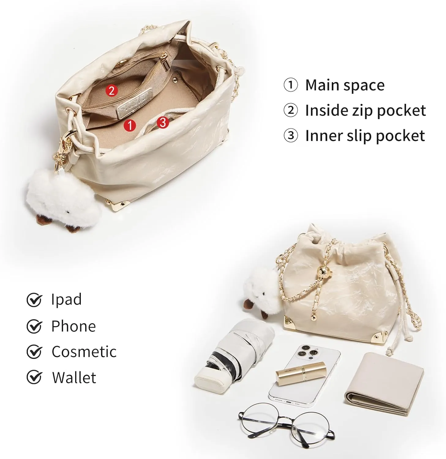 LAORENTOU Suede Designer Crossbody Bag for Women, Bucket Style Shoulder Bag for Ladies, Medium Size Purse with Chain Strap