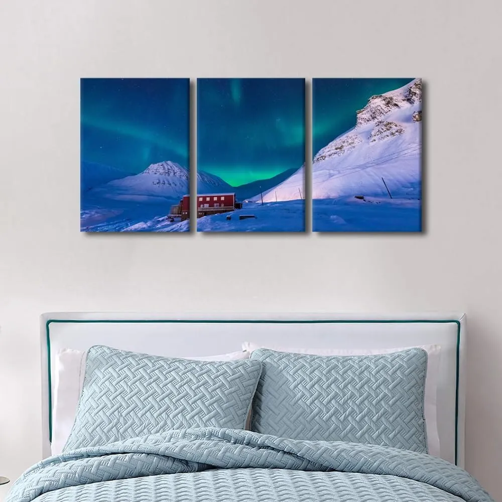 Large 3 Piece Canvas Prints The Polar Arctic Northern Lights Wall Decoration Blue Aurora Scenery Framed and Stretched Painiting for Living Room Office Artwork Ready to Hang, 48" Wx24 H