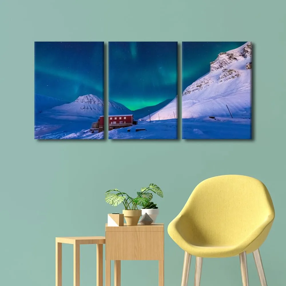 Large 3 Piece Canvas Prints The Polar Arctic Northern Lights Wall Decoration Blue Aurora Scenery Framed and Stretched Painiting for Living Room Office Artwork Ready to Hang, 48" Wx24 H