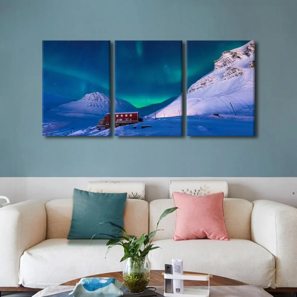 Large 3 Piece Canvas Prints The Polar Arctic Northern Lights Wall Decoration Blue Aurora Scenery Framed and Stretched Painiting for Living Room Office Artwork Ready to Hang, 48" Wx24 H