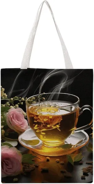 Large Canvas Shopping Bag,Cup of Tea Print Cotton Tote Bag,practical Large Capacity Tote Bag,ladies Tote Bag