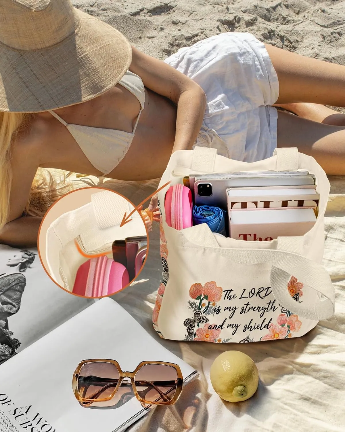 Large Canvas Tote Bag for Women - with Zipper and Inner Pocket Aesthetic Cute Shoulder Bag for Shopping Daily