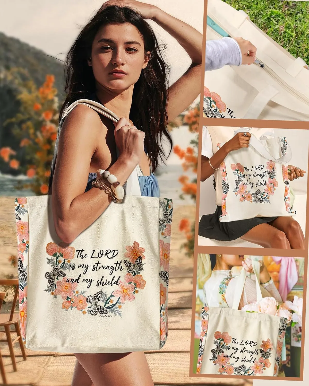 Large Canvas Tote Bag for Women - with Zipper and Inner Pocket Aesthetic Cute Shoulder Bag for Shopping Daily