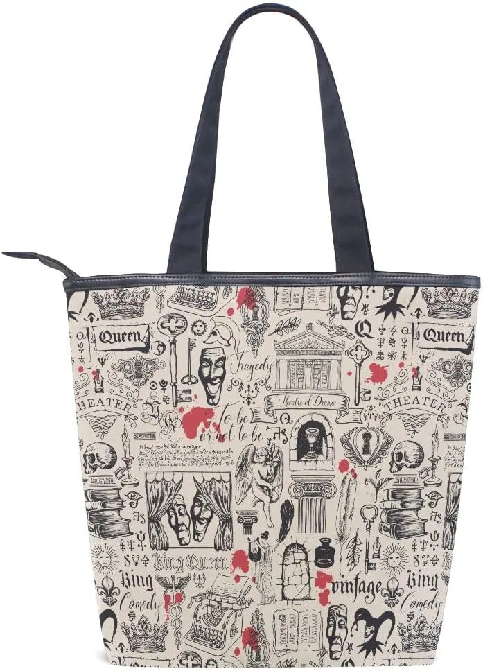 Large Capacity Handbag Shoulder Bag Vintage Pattern Tote Bag for Women Daily Outings Top Handle Zipper